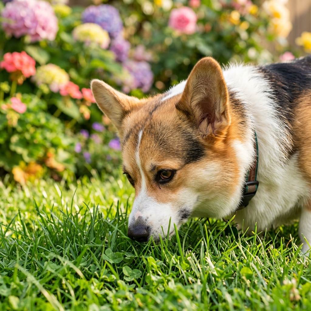 A curious dog sniffing green grass in a yard